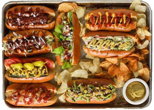 A platter of gourmet hot dogs