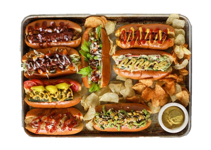 a platter of gourmet hotdogs