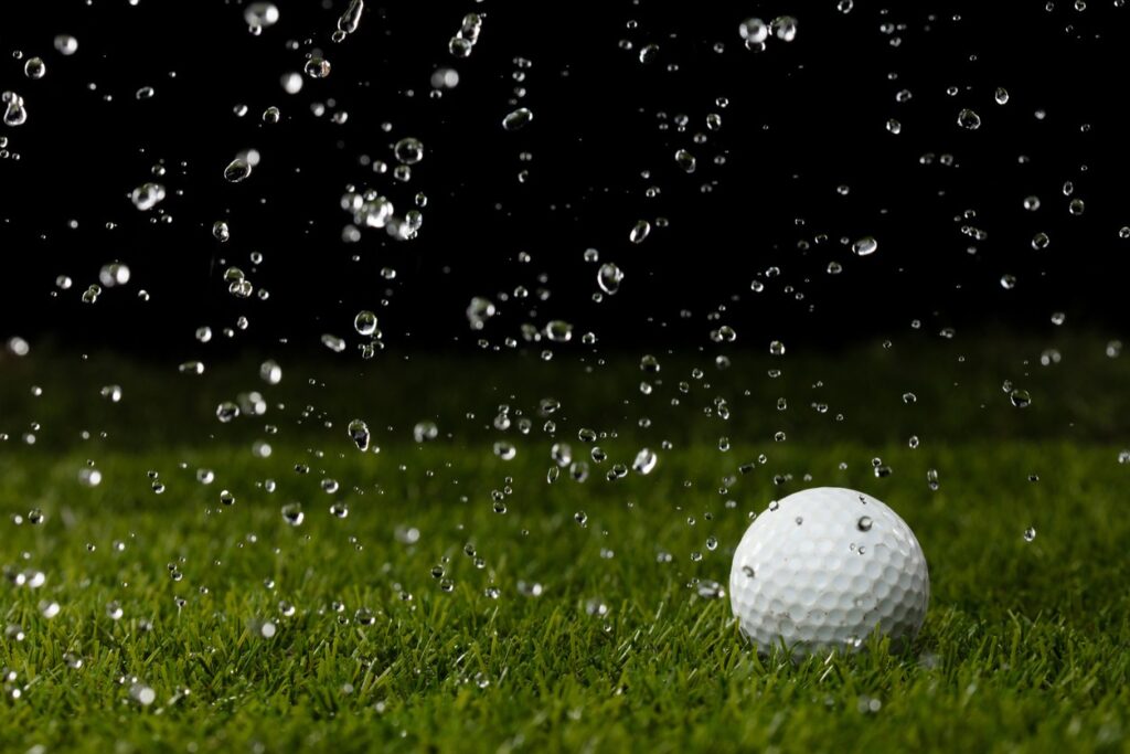 a golf ball on the greens in the rain. 