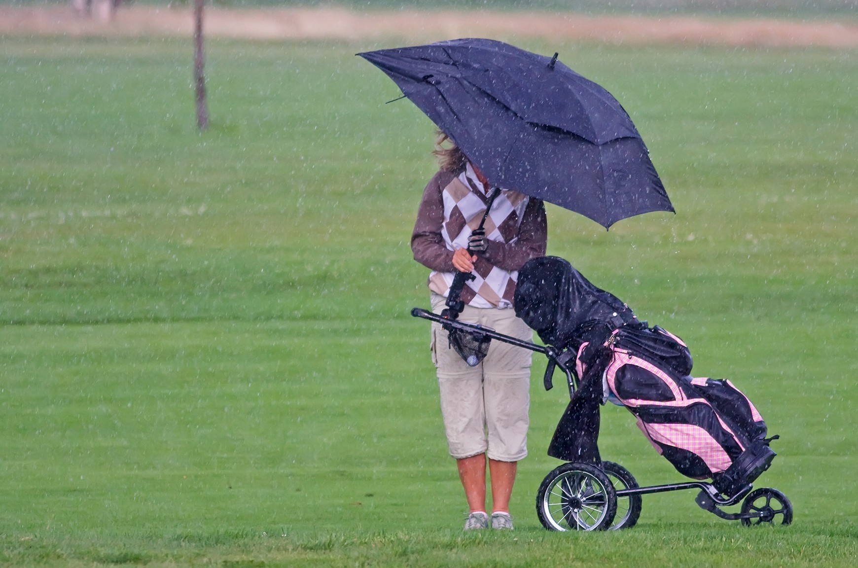 A female golfer stands on a golf course in the rain with her golf trolley and an umbrella.