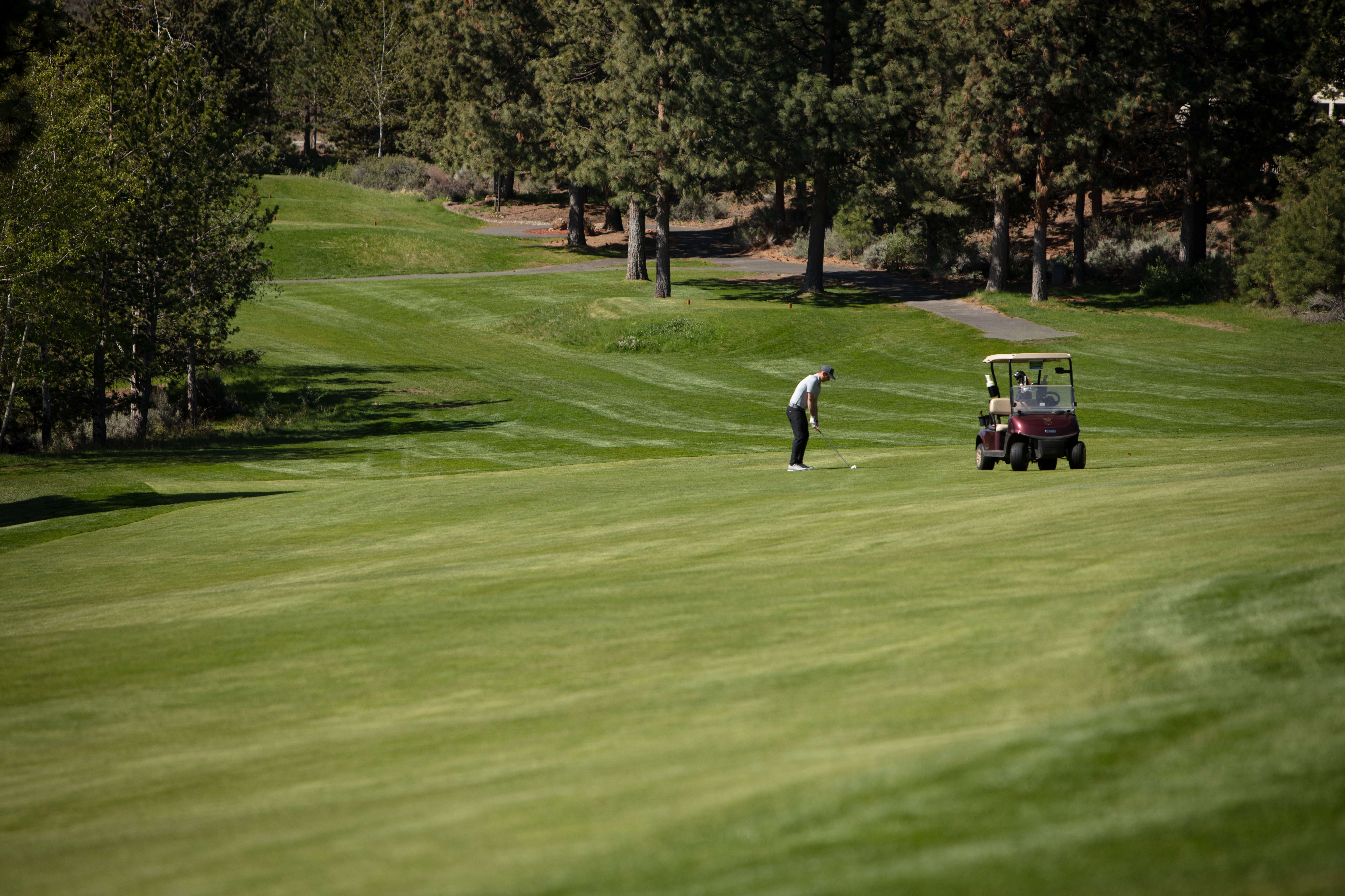 golfer in the middle of an open field next to a golf cart.