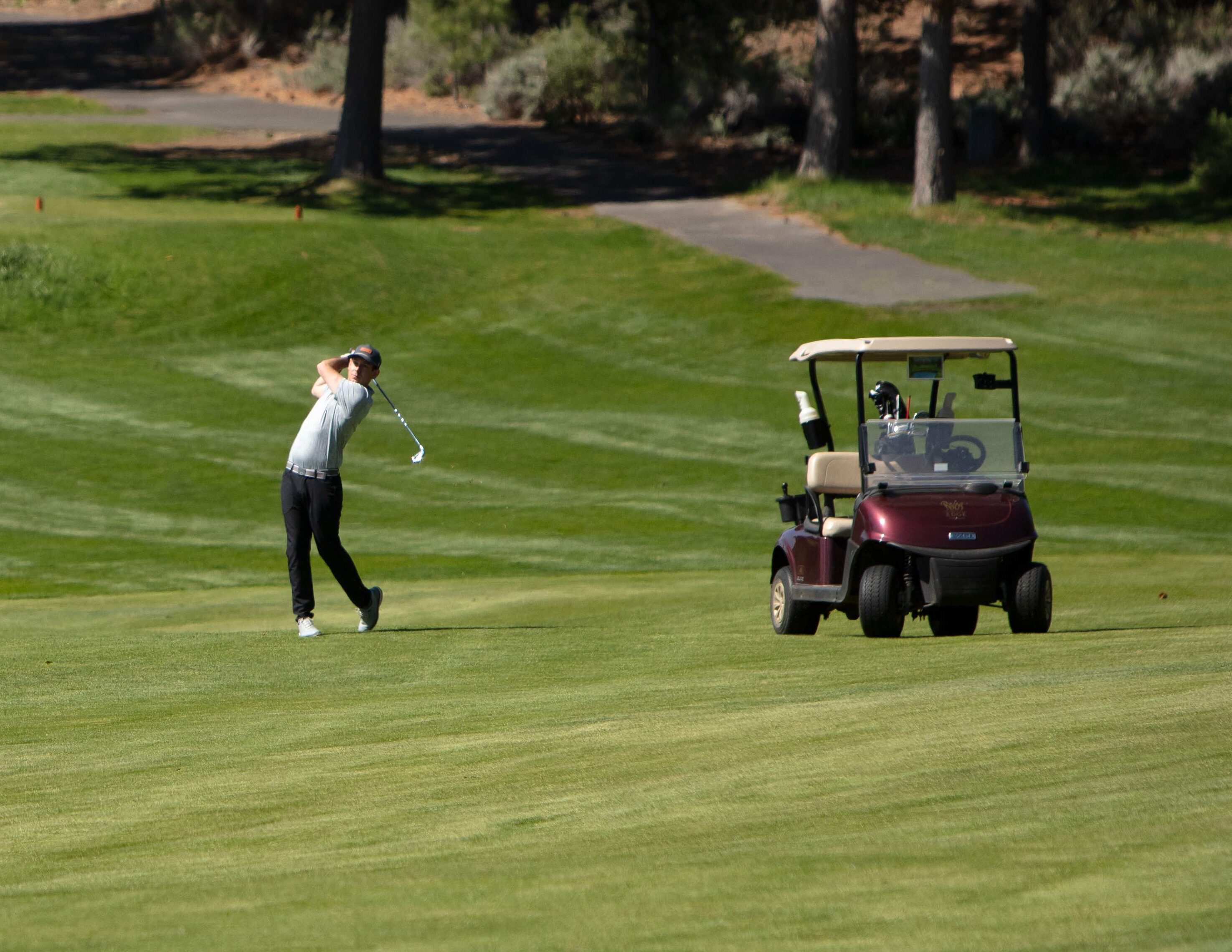 Golfer off in far distance next to golf cart.