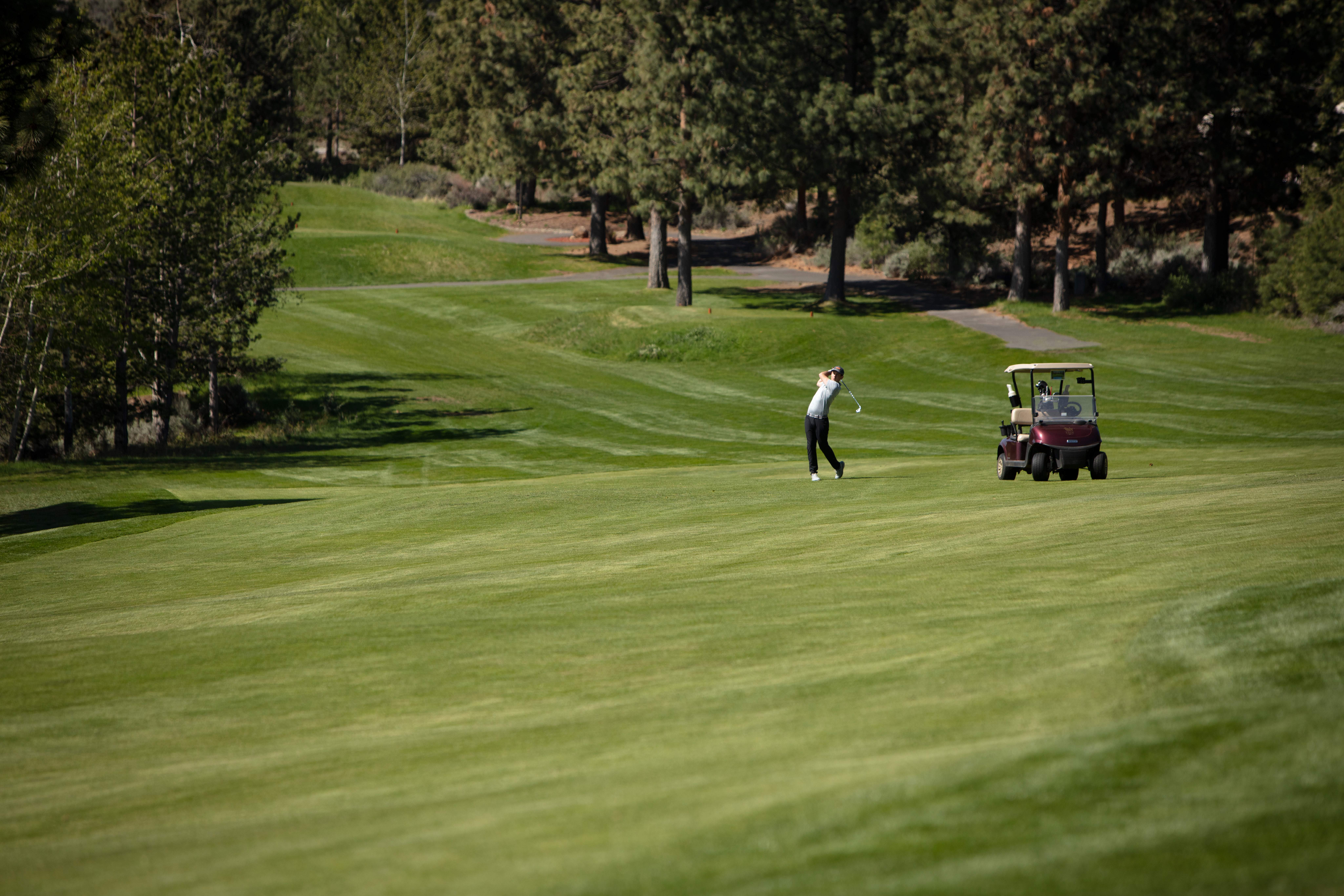 Golfer off in far distance next to golf cart. 